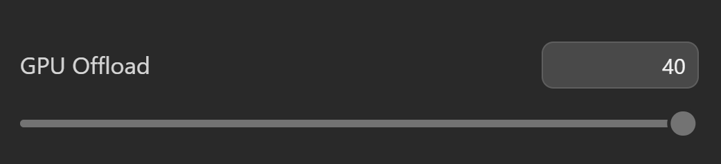 LM Studio's GPU Offload slider at 40 — meaning 40 of the model's layers run on GPU, the rest on CPU